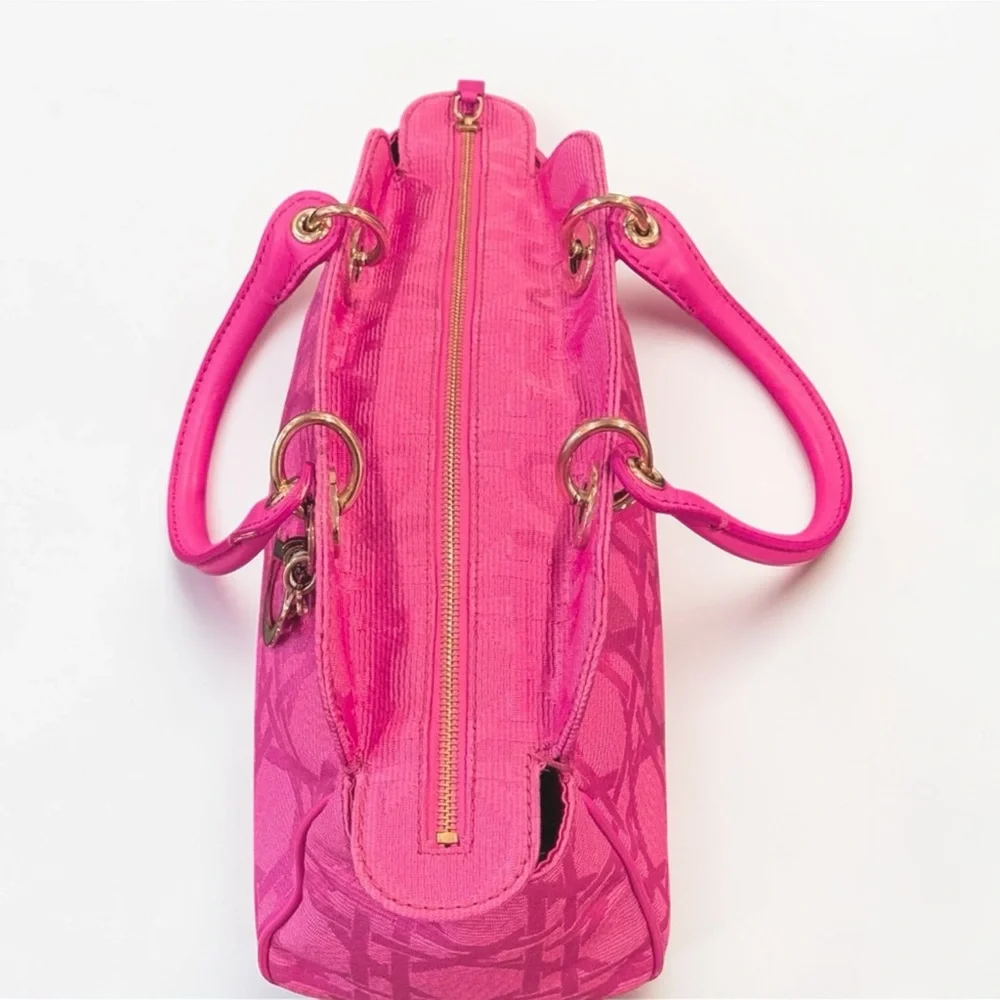 Auth LADY DIOR East West tote bag fushia Pink cannage silk jacquard Handbag RARE
